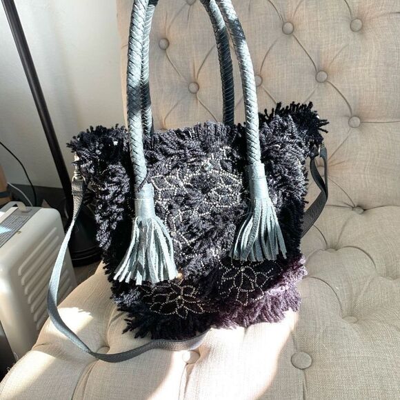 IBBAN handmade boho Wool leather crossbody bag gray black - Picture 3 of 9